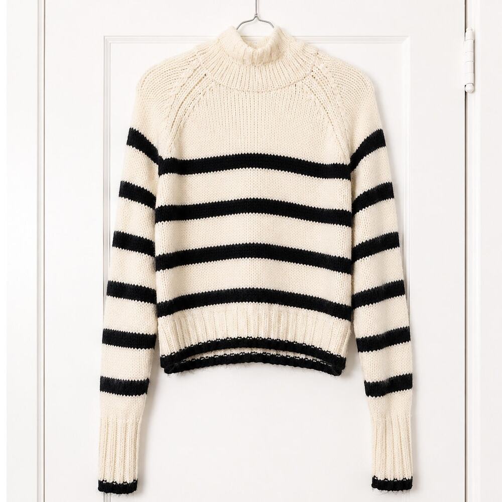 Zara Knit Cropped Turtleneck Sweater Cream Black Striped Chunky Knit  Small
